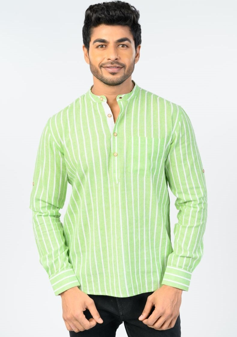 Light green striped short kurta for men