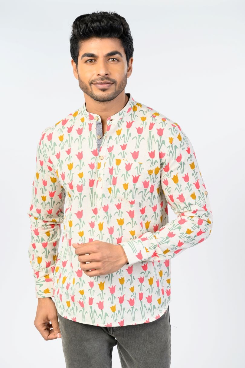 Off-white floral printed kurta shirt for men
