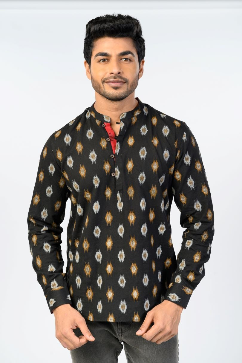 Black printed short kurta for men