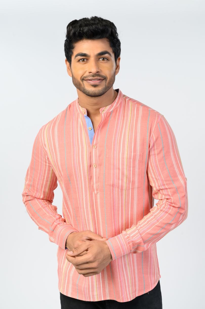 Peach striped short kurta for men