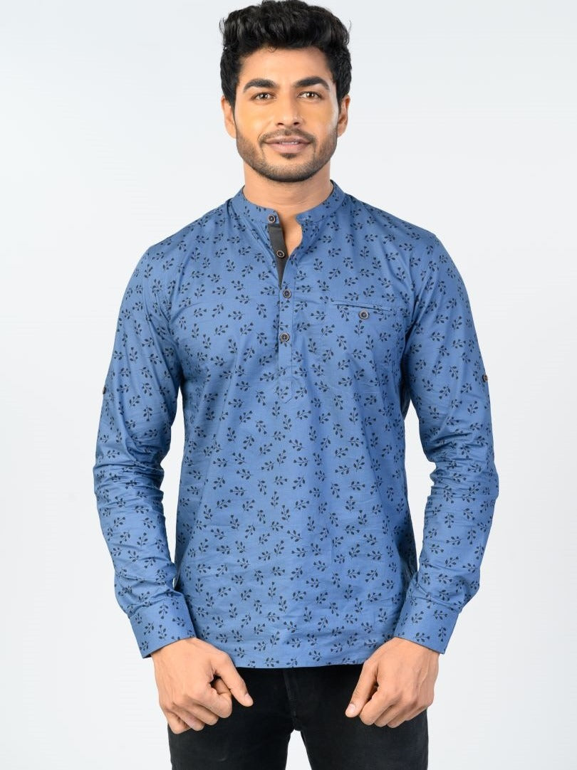 Blue printed short kurta for men