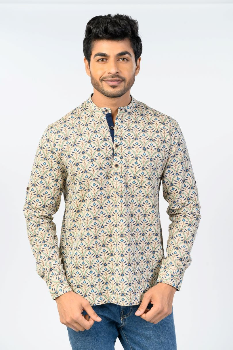 Men’s Beige Floral Block Print Kurta Shirt for men